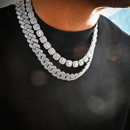 Σετ 2 ασημένια κουβανέζικα και διαμαντένια κολιέ